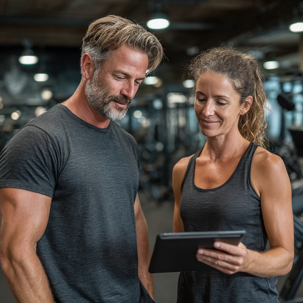 Fitness trainer consulting with middle-aged woman in her forties, reviewing personalized workout plan on tablet in bright modern gym