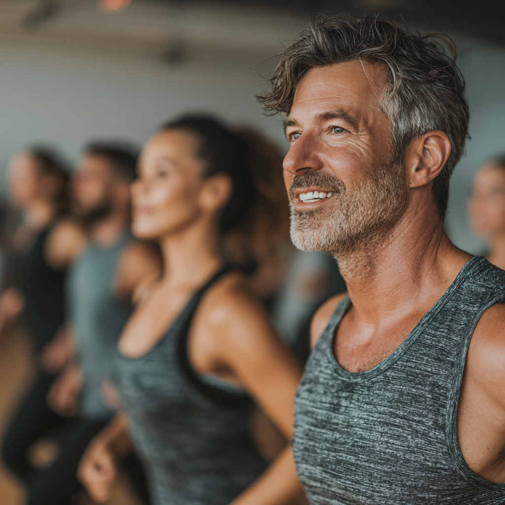 Group of adults aged 45-55 participating in energetic HIIT training session, showing teamwork and motivation in spacious fitness studio