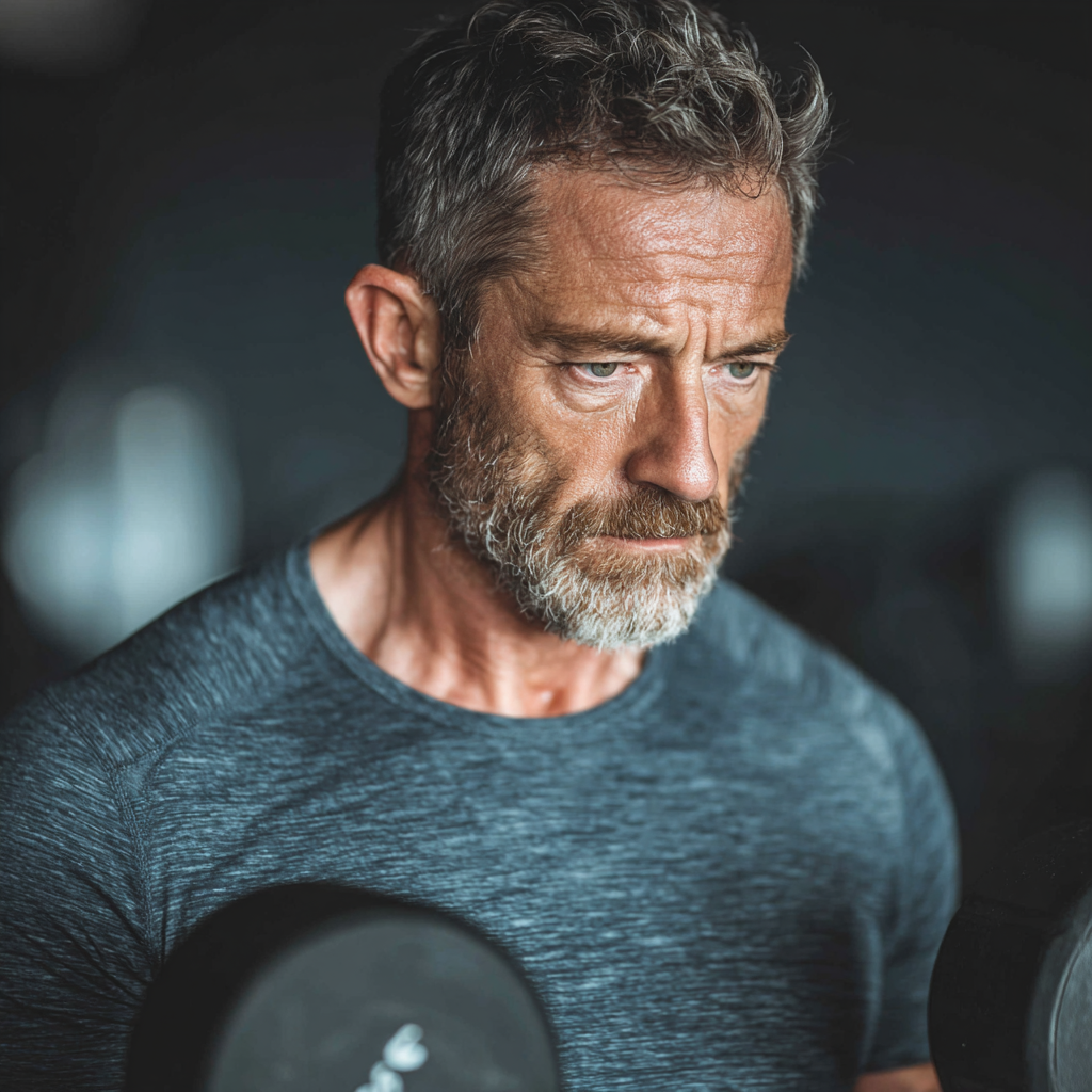 Mature man in his fifties performing strength training exercises with dumbbells in modern gym, showing proper form and dedication